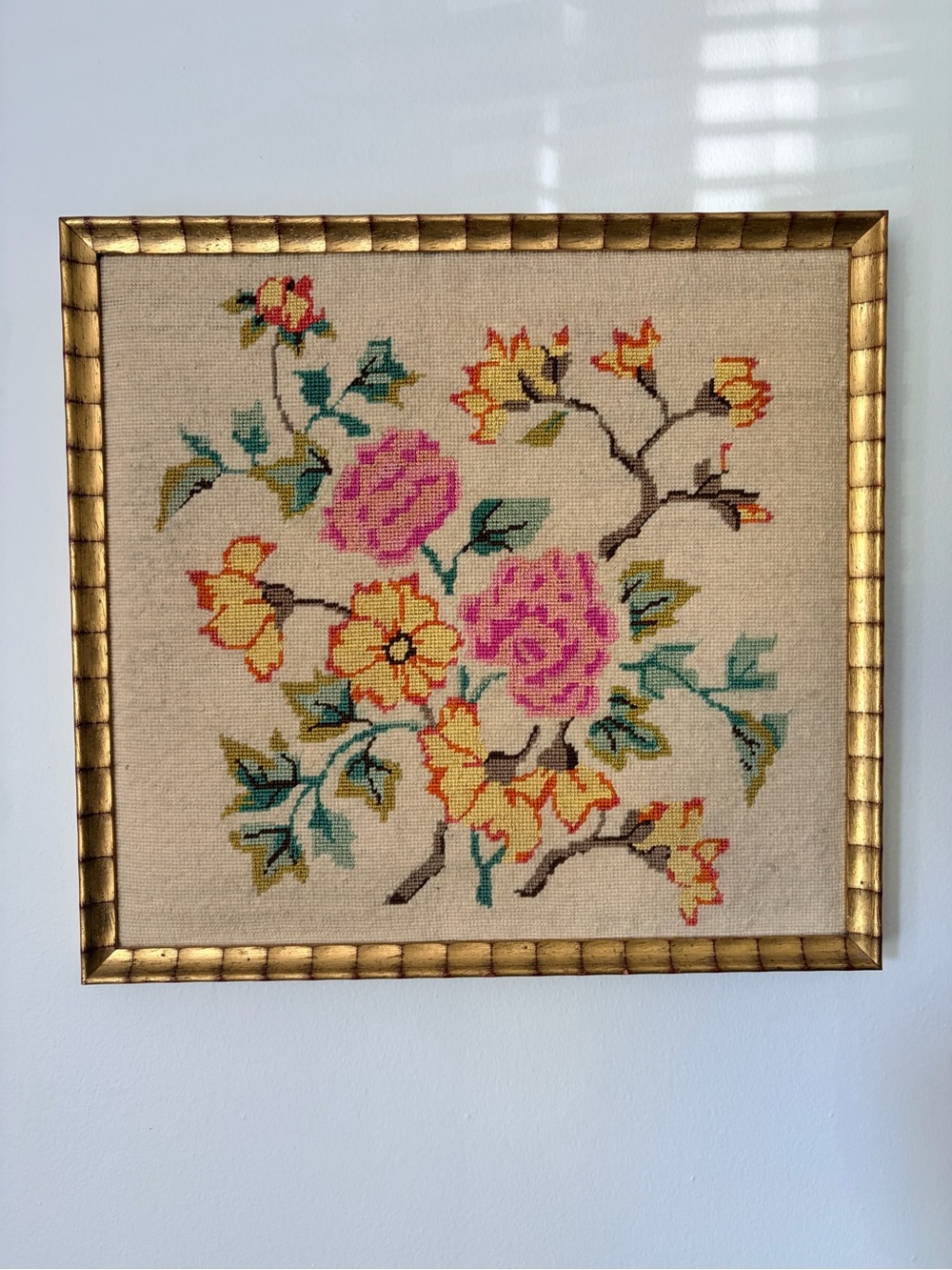 Vintage Framed Floral Cross Stitch Needlepoint Wall Art 14” x 15”